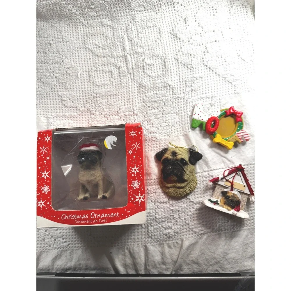 Pug Christmas Ornament Lot Resin Santa Hat Doghouse 2020 Frame Holiday Decor